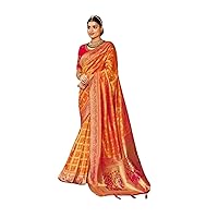 Orange Wedding wear Indian Women Designer Soft Silk Bridal Check Weaving Saree Blouse Bollywood Sari 2060