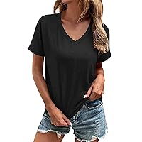 Women's Short Sleeve Tops Summer Tops for Women 2024 Solid Color Casual Fashion Trendy Loose Fit with Short Sleeve V Neck Shirts Black Large