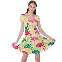 CowCow Womens Flamingo Bird Feathers Retro Pattern in Party Dress Cap Sleeve Dress, XS-5XL