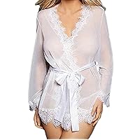 Women's Mesh Lace Babydoll Front Closure Cover Up Chemise Nightgown Sheer Sexy Kimono Robe Bridal Lingerie