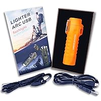 Outdoor Waterproof Lighter Double Arc Plasma Lighter with LED Bright Flashlight USB Rechargeable Lighter Windproof Flameless Lighter Prefect for Camping Hiking Fire Starter (Orange)