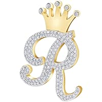 10k Yellow Gold Finish 925 Sterling Silver Round Cubic Zirconia Initial Crown R Letter Pendant 1.50 Cttw