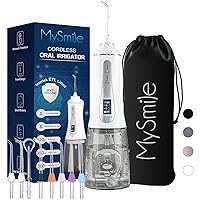 MySmile Powerful Cordless 350ML Water Dental Flosser Portable OLED Display Oral Irrigator with 5 Pressure Modes 8 Replaceable Jet Tips and Storage Bag for Home Travel Use (White)