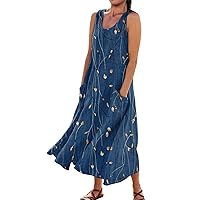 Casual Beach Outfits for Women Vintage Dress for Women Fashion Print Casual Loose Flowy Beach Dresses Sleeveless U Neck Linen Dress with Pockets Navy 3X-Large