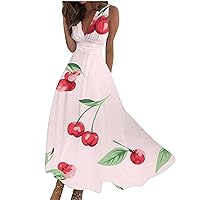 LIXIAO Womens Boho Floral Maxi Dresses V Neck Sleeveless Dress Boho Beach Long Sundress Autumn Long Maxi Dress