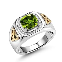 Gem Stone King Men's 925 Silver and 10K Yellow Gold Cushion Cut 8MM Gemstone Birthstone and White Lab Grown Diamond Ring Available In Size 7, 8, 9, 10, 11, 12, 13