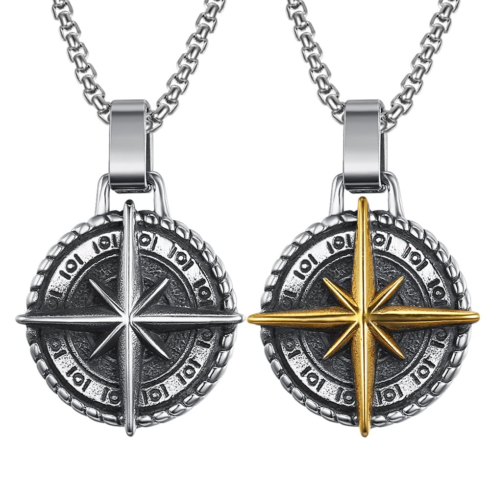pickyegg.com Mens Stainless Steel Nautical North Star Marine Compass Anchor Pendant Necklace