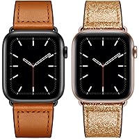 KYISGOS Compatible with Apple Watch Series 8 7 6 5 4 3 2 1 SE2 SE Genuine Leather Band 41mm 40mm 38mm Brown & Glistening Gold