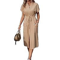 Women's Dress Dual Pocket Drawstring Waist Batwing Sleeve Split Thigh Dress