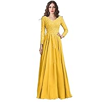 YINGJIABride Woman's V Neck Chiffon Lace Mother of The Bride Dresses Bridesmaid Dress with Long Sleeve