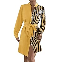 Womens Dresses with Sleeves Classy, 2023 Summer Women's Sleeve Floral Print Striped Shirt Dress Casual Party D