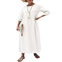Women's Summer Cotton Linen Mid-Sleeve Dress Crew Neck Loose Casual Tunic Beach Ankle Length Dresses with Pockets