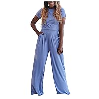 Women's Two Piece Outfits Sweatpants Tshirt Sets Solid Tops and Palazzo Pants Outfit Summer Lounge Set Sweatsuits