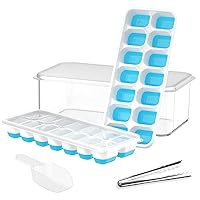DOQAUS Ice Cube Tray with Lid and Bin, Upgraded Silicone Ice Cube Trays for Freezer with Container Ice Cube Maker Stackable Easy Release, 2 Pack Ice Trays & 1 Pack Ice Bucket Tong Scoop