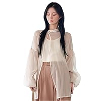 Solid Button Front Bishop Sleeve Blouse Without Cami Top