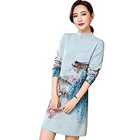 Women's Wool Chinese Painting Printed Slim Knitted Mock Neck Warm Pullover Sweater Dresses Tops 1525