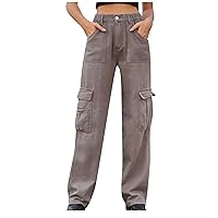 Women High Waisted Cargo Jean Pants Straight Leg Relaxed Fit Baggy Solid Hiking Pants with Pockets for Going Out