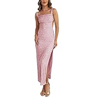Women's Sexy Slim Sequins Long Dress Sleeveless Side Split Sparkle Party Evening Cocktail Dress