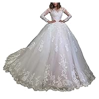 Melisa Women's Crewneck Lace Sequins Wedding Dresses for Bride Long Sleeves with Train Princess Bridal Ball Gowns