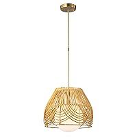 Warehouse of Tiffany Lotta 13 Inch Opaque Glass Shade Rattan Woven Pendant 1-Light, Brass and Natural (MD55/1B)
