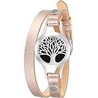 Wild Essentials Tree of Life Essential Oil Bracelet Diffuser, Leather Wrap Band, Stainless Steel Locket Pendant, 12 Color Refill Pads, Customizable Color Changing Perfume Jewelry for Aromatherapy