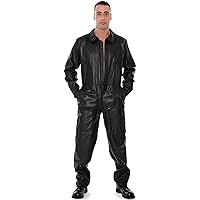 Men's Genuine Cowhide Black Leather Overall Dungaree Jumpsuit Dress Flight Suit Pilot Uniform