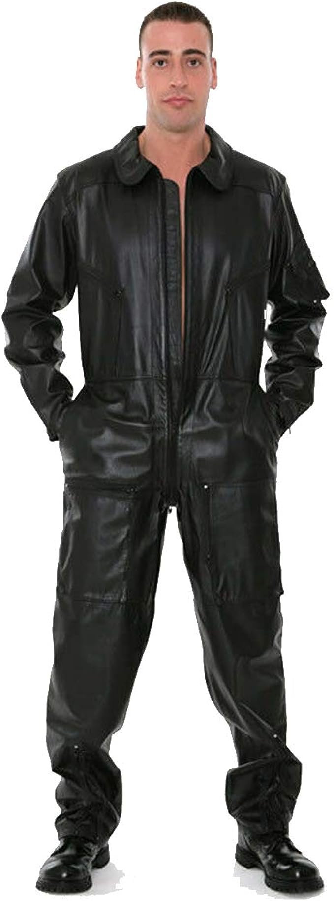 OUTFITIX Men's Genuine Cowhide Black Leather Overall Dungaree Jumpsuit Dress Flight Suit Pilot Uniform