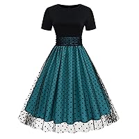 Womens Vintage Polka Dot Dress 1950s Elegant Patchwork Midi A Line Swing Dress Short Sleeve Homecoming Cocktail Dresses