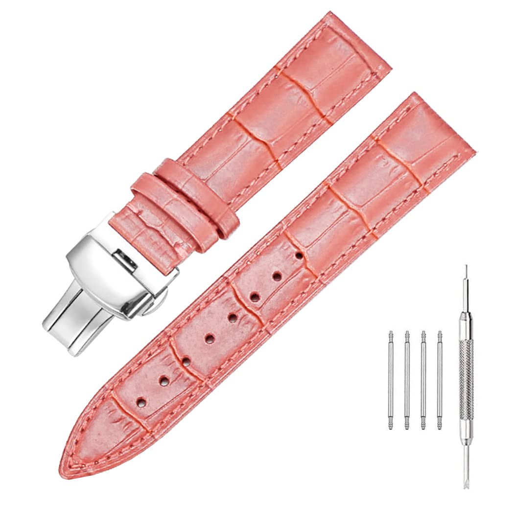 Nice Pies Genuine Calfskin Leather Watch Band,Alligator Grain Deployment Butterfly Buckle Replacement Strap for Men Women 18mm 20mm 22mm 24mm