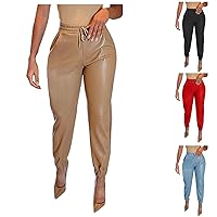 Gumipy Leather Pants for Women High Waisted Drawstring Cropped Tapered Pu Leather Pants Elastic Faux Leather Joggers Casual Loose Trousers with Pockets Plus Size Dressy Pants Leather Leggings A-Khaki