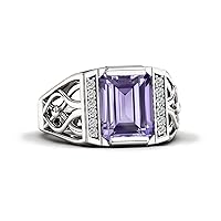 10K 14K 18K Gold 4 Carat Mens Gemstone Engagement Rings Emerald Cut Gemstone Rings for Men Large Promise Ring with 0.15cttw Side Moissanite