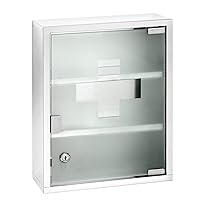WENKO Medicine Cabinets with Lock, Wall Mounted Over The Toilet Storage Shelves, First Aid Bathroom Wall Cabinet with Safety Glass Door, Medium, 11.8 x 15.7 x 4.7 in, Silver Shiny