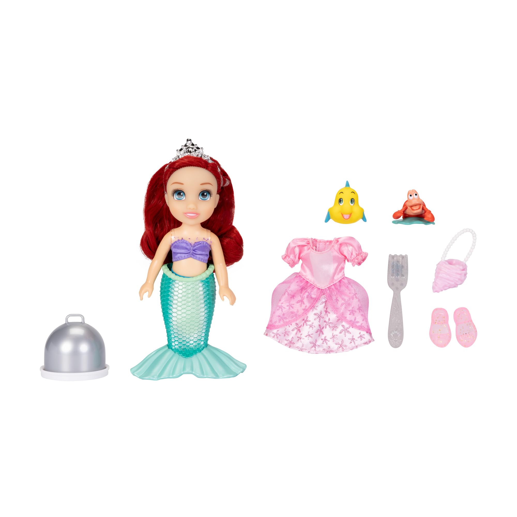 Disney Princess Ariel Doll Sea to Land Petite Ariel Doll with Sebastian & Flounder, in Mermaid Tail and Pink Dress Fashions
