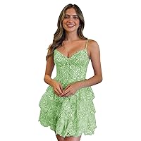 Lace Sequin Homecoming Dresses for Teens Spaghetti Straps Short Prom Dresses Tiered Corset Cocktail Gowns MA95