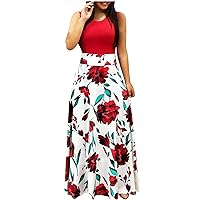 Women's Bohemian Beach Flowy Round Neck Trendy Dress Casual Summer Swing Foral Print Hawai Sleeveless Long Floor Maxi Red