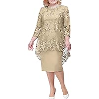 Women's Short Sleeve Embroidery Lace Cocktail Party Midi Dress Plus Size Wedding Guest Dresses
