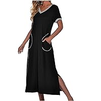 Women's Bohemian Round Neck Trendy Casual Summer Short Sleeve Long Floor Maxi Flowy Beach Swing Dress Print Black