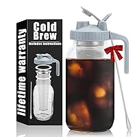Cold Brew Coffee Maker Pitcher - 64oz Iced Coffee Maker with Stainless Steel Mixing Spoon & Super Dense Filter 3 Steps Finish, Classic BPA Free Sturdy Mason jar Pitcher with Gray Lid Easy to Clean