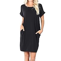 Women's Round Neck Rolled Sleeve Knee Length Tunic Shirt Dress with Pockets (Black, 1X)