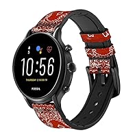 CA0669 Bandana Red Pattern Leather & Silicone Smart Watch Band Strap for Fossil Mens Gen 5E 5 4 Sport, Hybrid Smartwatch HR Neutra, Collider, Womens Gen 5 Size (22mm)
