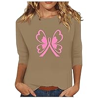 Butterfly Pink Ribbon Breast Cancer Awareness Support Women's T-Shirt Casual 3/4 Sleeve Shirts Cancer Survivor Tee Top