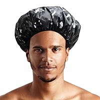 Reusable Mens Nylon Shower Cap & Bath Cap W/Plush Terry Cloth Lining, Large Waterproof Shower Caps Designed for all Hair Lengths & Elastic Band Stretch Hem Hair Hat - Black Camo