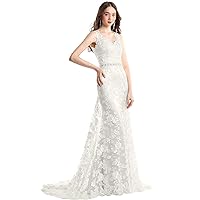 Women's Vintage V Neck Mermaid Bridal Gowns Long Sleeveless Lace Wedding Dress Evening Prom Dresses Ivory