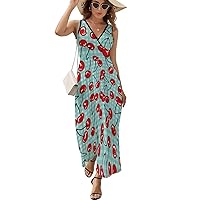 Cherry Fruit Sleeveless Dress for Women Trendy V Neck Maxi Tank Dress Sundress