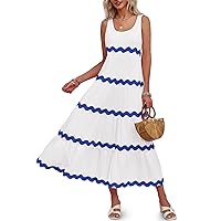 Fisoew Womens Casual Sleeveless Tank Dress Scoop Neck Contrast Color Tiered Flowy Summer Maxi Dress