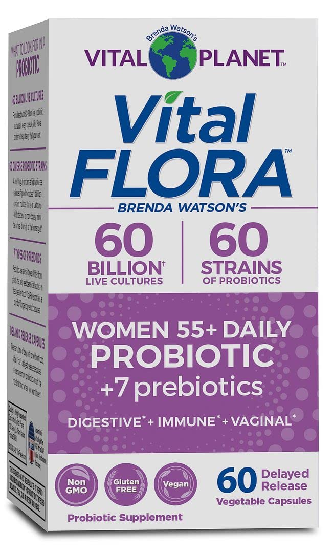 Vital Planet - Vital Flora Women 55+ Daily Probiotic Supplement with 60 Billion Cultures and 60 Strains, High Potency and Strain Diversity Probiotics for Women with Organic Prebiotics, 60 Capsules