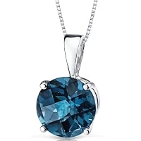 PEORA 14K White Gold London Blue Topaz Pendant for Women, Natural Gemstone Birthstone Classic Solitaire, 2.50 Carats Round Shape 8mm