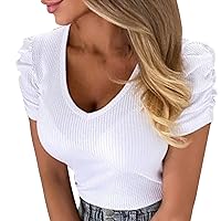 Women's Elegant Short Puff Sleeve Rib Knit Crop Tops Casual Dressy V-Neck Basic Slim Fit T-Shirt Going Out Blouses