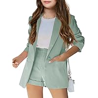 Girls 2 Piece Outfits Button Front Long Sleeve Blazer and Short Pants Suit Sets 4-14 Years