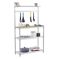 TRINITY EcoStorage Bakers Rack and Pantry Organizer with 3 Shelves, Removable Bamboo Work Surface, and Hooks for Kitchen Organization and Food Preparation, Chrome, 36” W x 14” D x 60” H